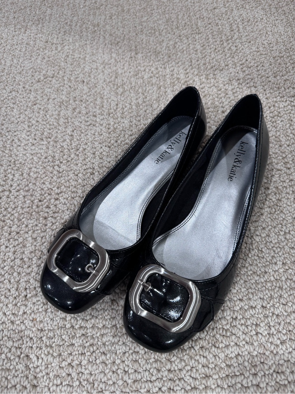 Kelly & Katie Black Patent Ballet Flats with Silver Buckle